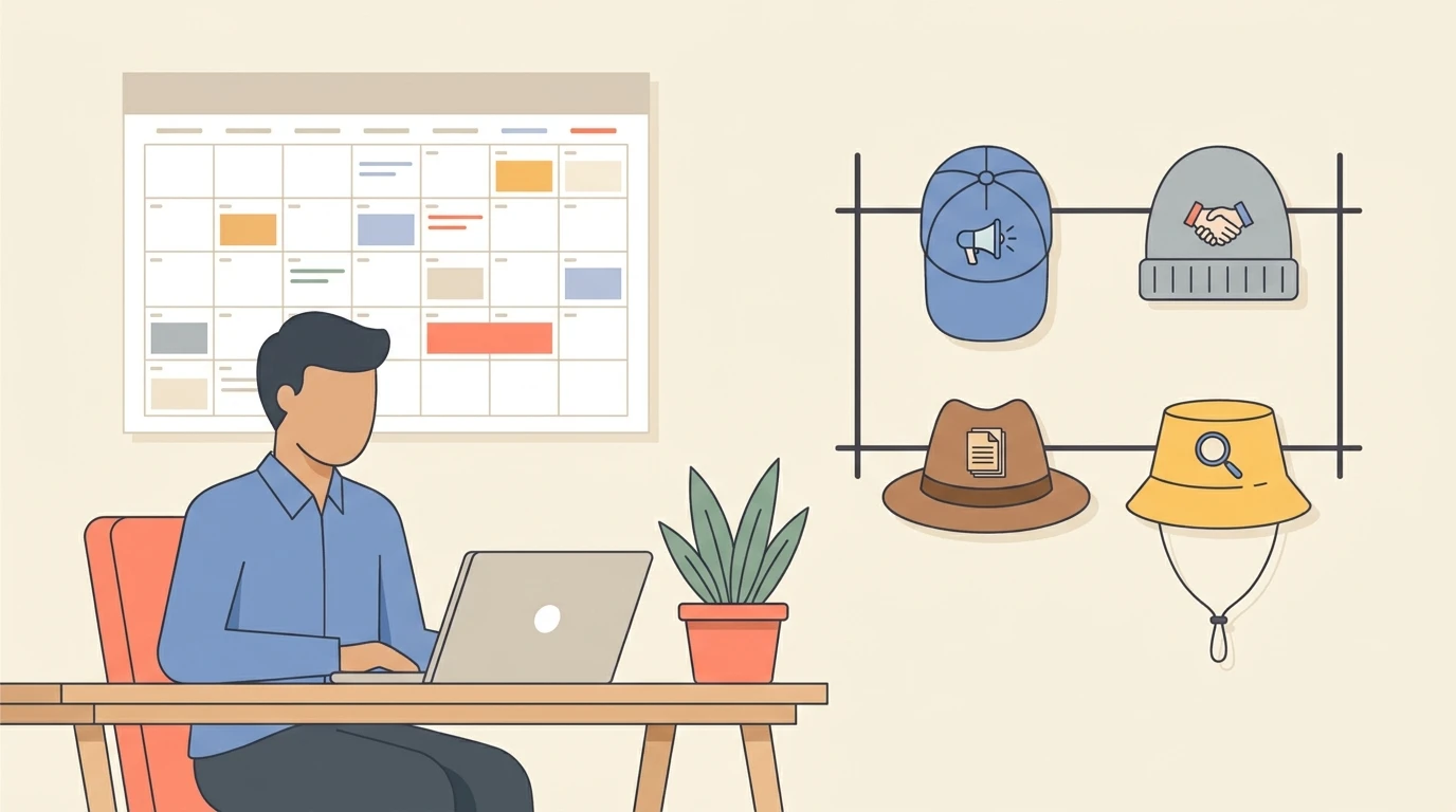 One person wearing four different work hats in front of a crowded autumn calendar